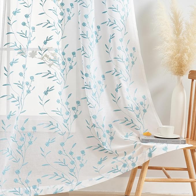 Sheer Curtains Floral Embroidery White-Blue 84 Inch Long Rod Pocket Lace Drapes for Living room, Bedroom, 2 Panels, 52"x84", Semi Voile Pattern Outdoor Window Treatment Sets for Yard, Patio, Parlor.