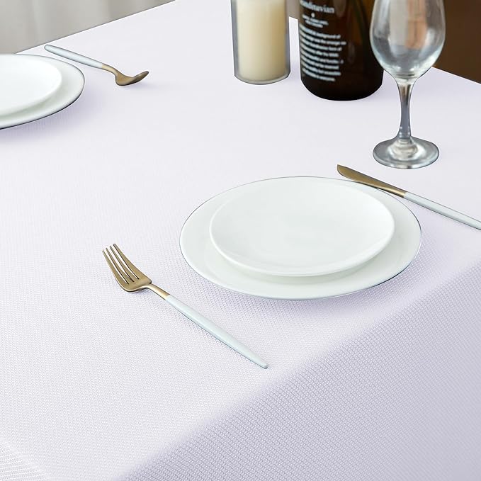 Biscaynebay Textured Fabric Tablecloth 60x84 Inches Rectangular, White Water Resistant Tablecloths for Dining, Kitchen, Wedding and Parties etc. Machine Washable