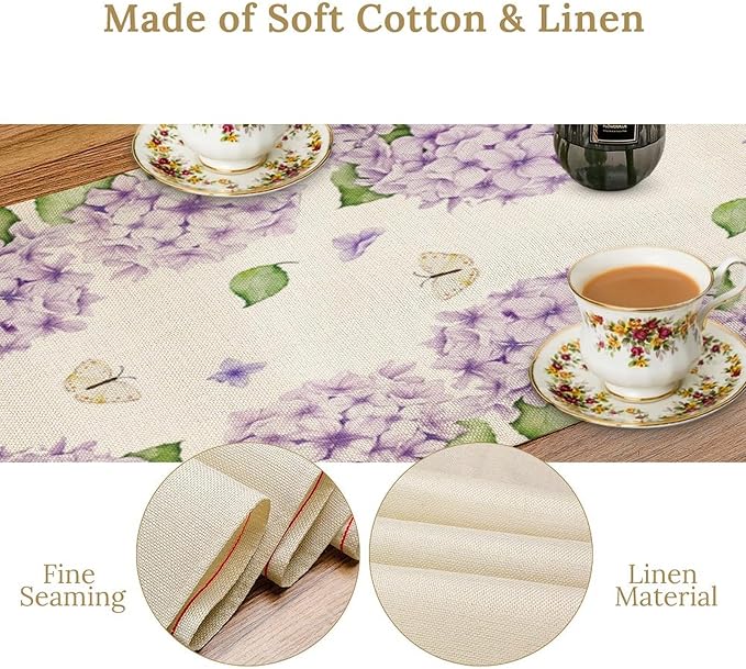 Watercolor Hydrangea Flower Table Runner, Spring Summer Seasonal Plants Butterfly Pink Lavender Dinner Runner for Home Kitchen Dining Table Party Holiday Decoration 13"x70"