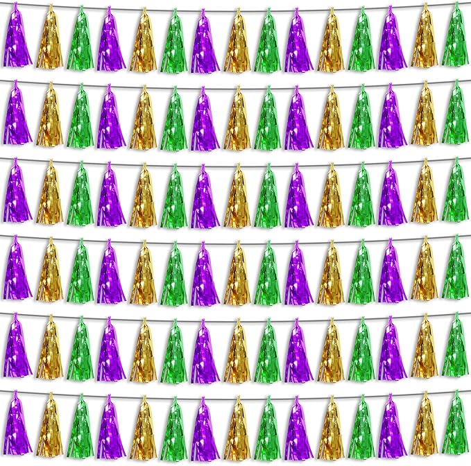 6P Purple Green Gold Foil Fringe Metallic Tassel Streamers Banner Tassel Garland for Parade Floats, Bachelorette, Wedding, Birthday, Graduation, Christmas, Bridal/Baby Shower Party Decorations