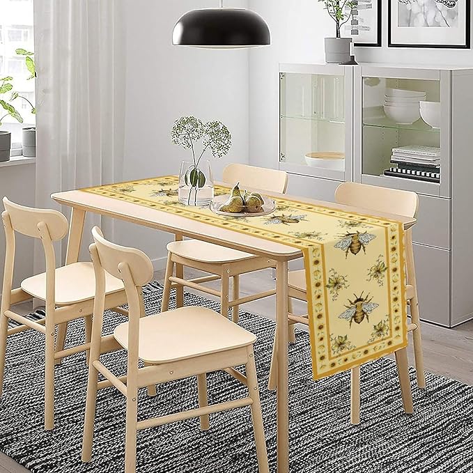 Honey Bee Table Runner, Farmhouse Yellow Sunflower Retro Summer Linen Tables Runners for Kitchen Dining Table Home Party Decor, 13x90inch