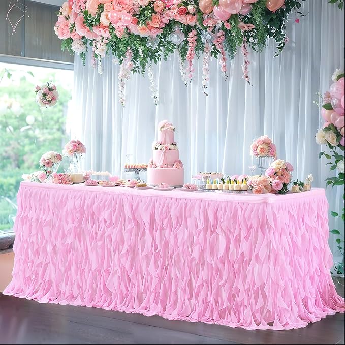PARTISKY Pink Tulle Curly Willow Table Skirt for Rectangle Table 6ft, Ruffle Tutu Table Cloth for Girls Baby Shower,Birthday Party Candy Cake Tables