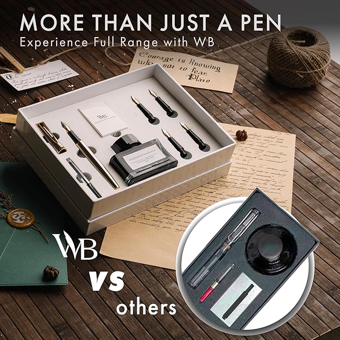 Wordsworth & Black Fountain Pen Gift Set, Includes Ink Bottle, 6 Ink Cartridges, Refill Converter, 4 Replacement Nibs, Premium Package, Journaling, Calligraphy, Smooth Writing Pens [Silver Gold]