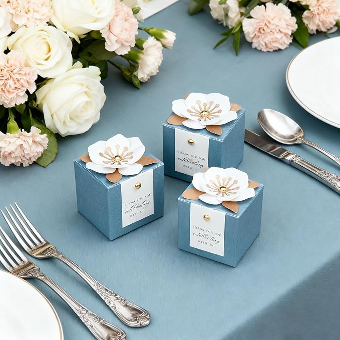 Gift Boxes, 20 Pack Dusty Blue Floral Favor Containers with Thank You Tags