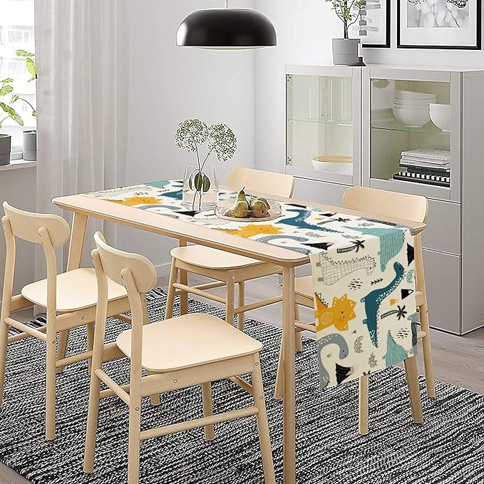 Cartoon Dinosaur Table Runner,Kids Boys Cute Various Dino Moutain Modern Abstract Print Tablecloth Burlap for Hotel Indoors Outdoor Dining Room Kitchen Holiday Party, 13x108in