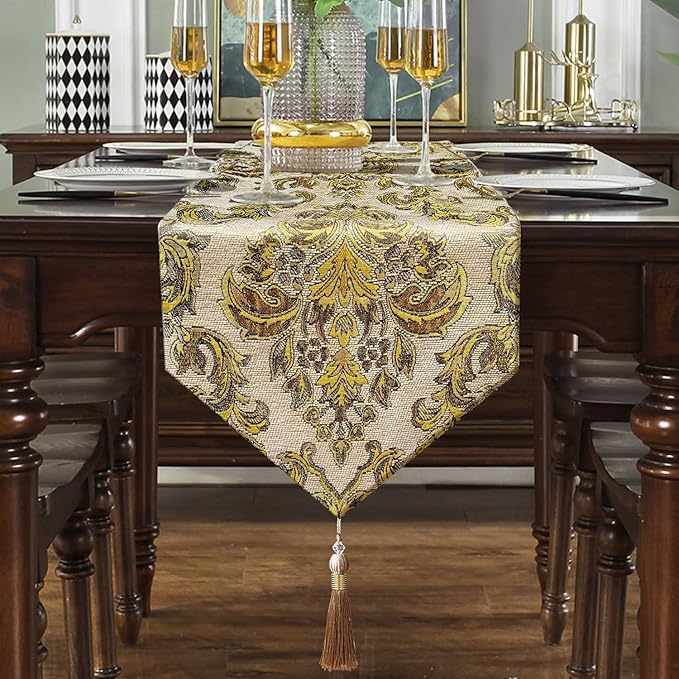 Dazzling Elegant Jacquard Table Runner with Handmade Tassels - Beige (13x84 inch)