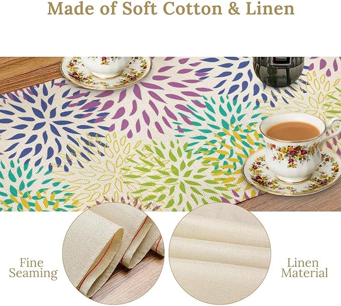 Purple Flowers Table Runner, Chrysanthemum Dahlia Vintage Modern Colorful Spring Summer Elegant Table Runner for Party Kitchen Dining Living Room Laundry Room Decor, 13x70 Inch