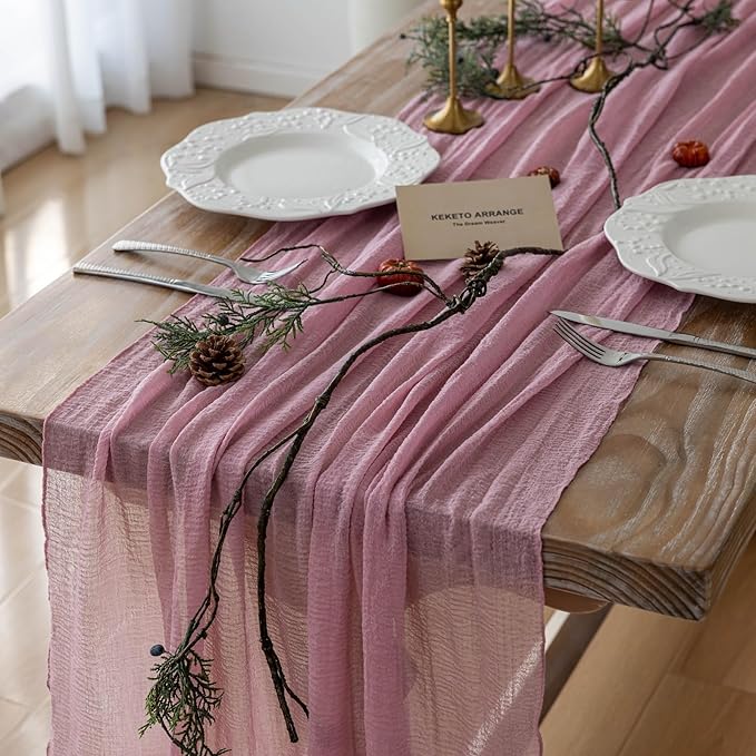 Table Runner Dusty Rose Cheesecloth Gauze 120 Inch 10 FT Rustic Boho Cheese Cloth Runner for Wedding Baby Shower Bridal Shower Garden Party Sheer Home Decorations