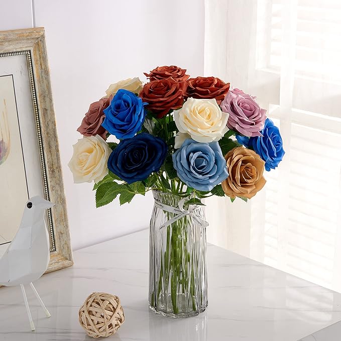 Artificial Rose 10pcs Open Flower Bouquet Faux Rose Stems for Wedding Arrangement, Bridal Bouquet, Centerpiece, Fake Faux Silk Flowers (Dusty Blue)