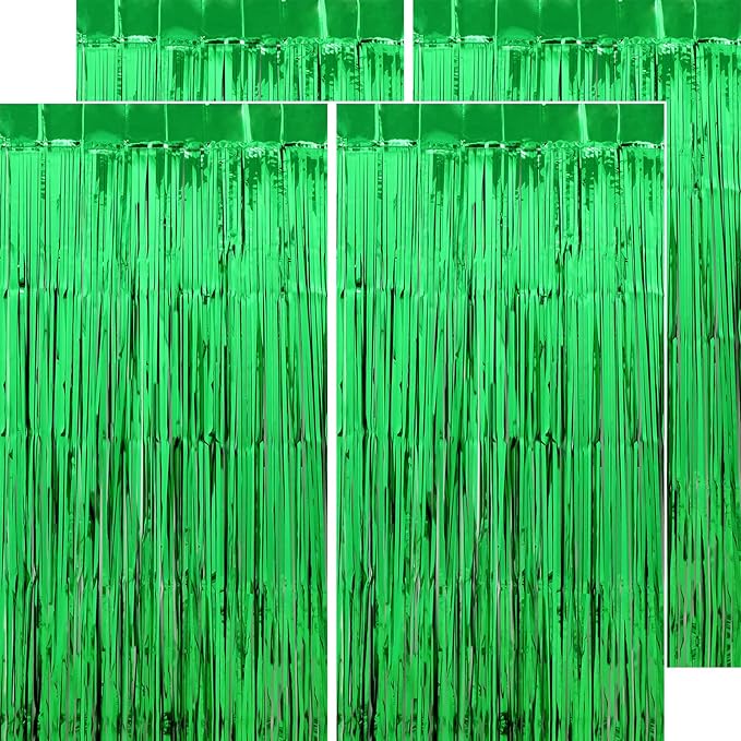 Streamers Party Backdrop Curtains, Green Metallic PET, 4 Pack 3.2 x 8.2 FT