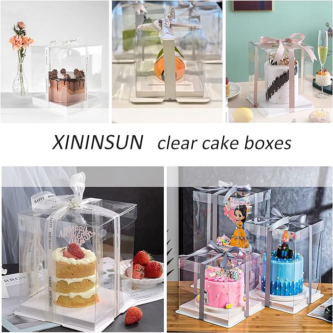 Bakery Cake Boxes, Clear 12x12x7 Inch, 6 Pack with White Ribbon