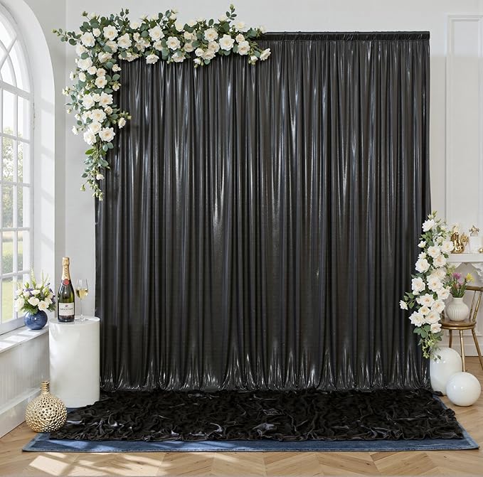 Sequin Backdrop Curtain Black, 4-Panel Glitter Polyester with Rod Pocket