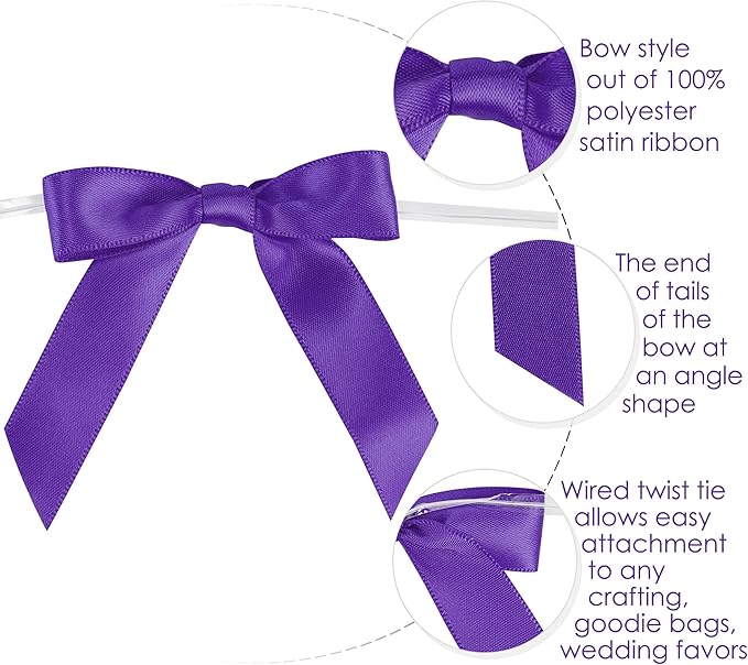 Gift Wrap Bows, Purple Satin 2.5 Inch Mini Bows with Twist Ties, 50 Count