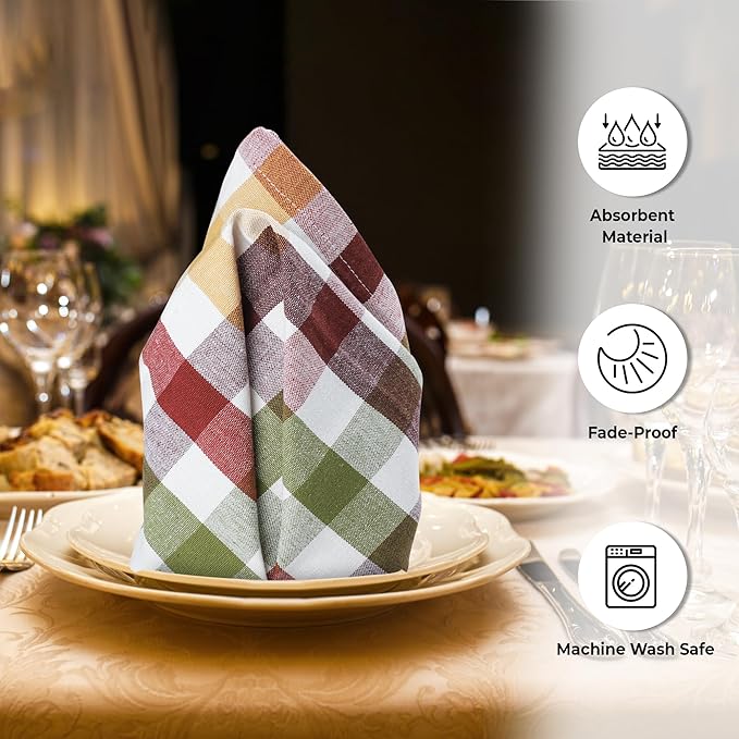 Harvest Check Cloth Napkins, 20x20 Square Cotton Dinner Napkins