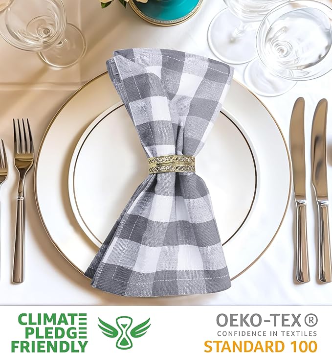 Cloth Dinner Napkins Set of 6, Grey Checkered Cotton, 20x20 Inch