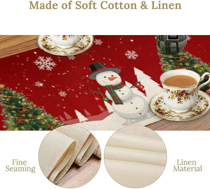 Christmas Table Runner,Snowman Rustic Red Snowflake Winter Table Cloth Kitchen Dining Table Decoration for Home Party Decor 13x36 Inch