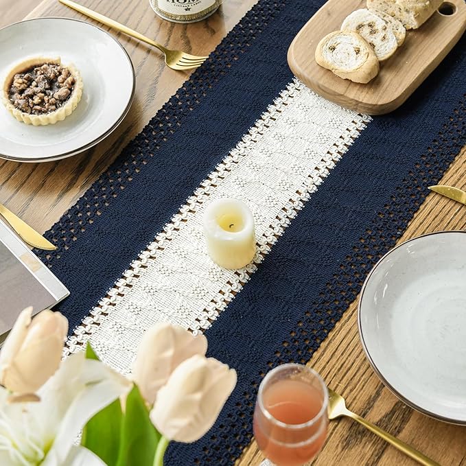 Artoid Mode Dark Blue Farmhouse Rustic Table Runner, Seasonal Hollow Kitchen Dining Table Decoration for Home Party Decor 12x60 Inch