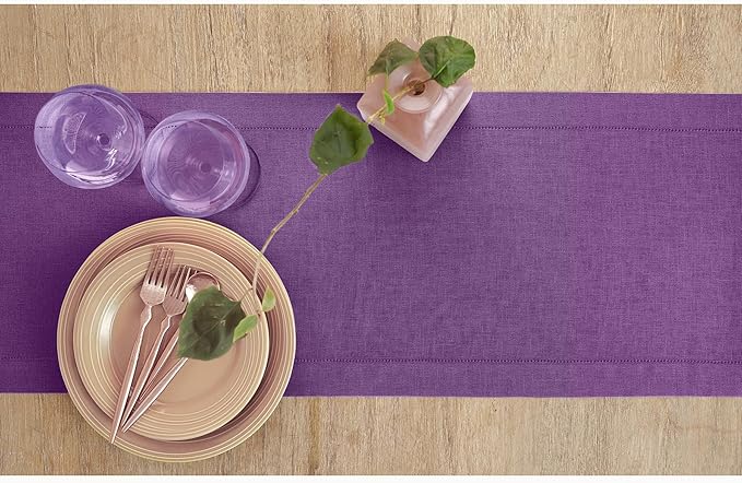 Solino Home Linen Purple Table Runner 108 Inches Long - 100% Pure Linen Hemstitch 14 x 108 Inch Table Runner for Dining, Fall, Autumn, Halloween, Thanksgiving, Holiday - Classic Hemstitch