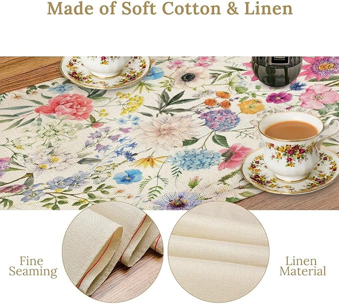 Floral Table Runner Watercolor Peony Rose Flower Kitchen Table Decoration for Indoor and Outdoor Wedding Party 13x120 Inch
