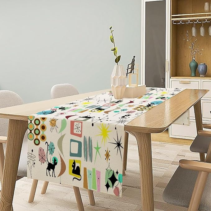 Colorful Geometric Table Runner,Vintage Mid Century Cute Cat Abstract Morden Print Tablecloth Burlap for Hotel Indoors Outdoor Dining Room Kitchen Home Decor, 13x70in