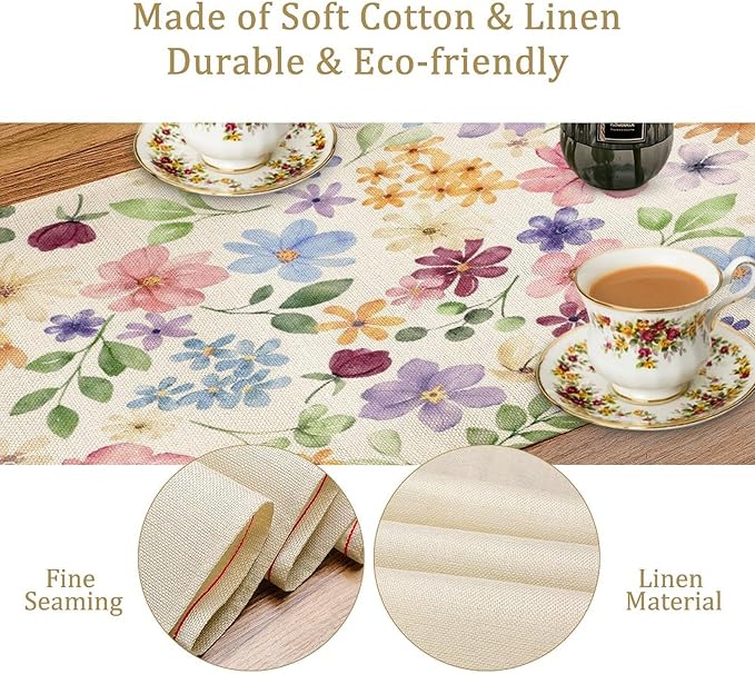 Floral Decorative Table Runner, Watercolor Floral Botanical Rustic Modern Style Pattern Printed Long Table Runner for Restaurant Kitchen Party,13in（33cm） W * 36in（92cm） L