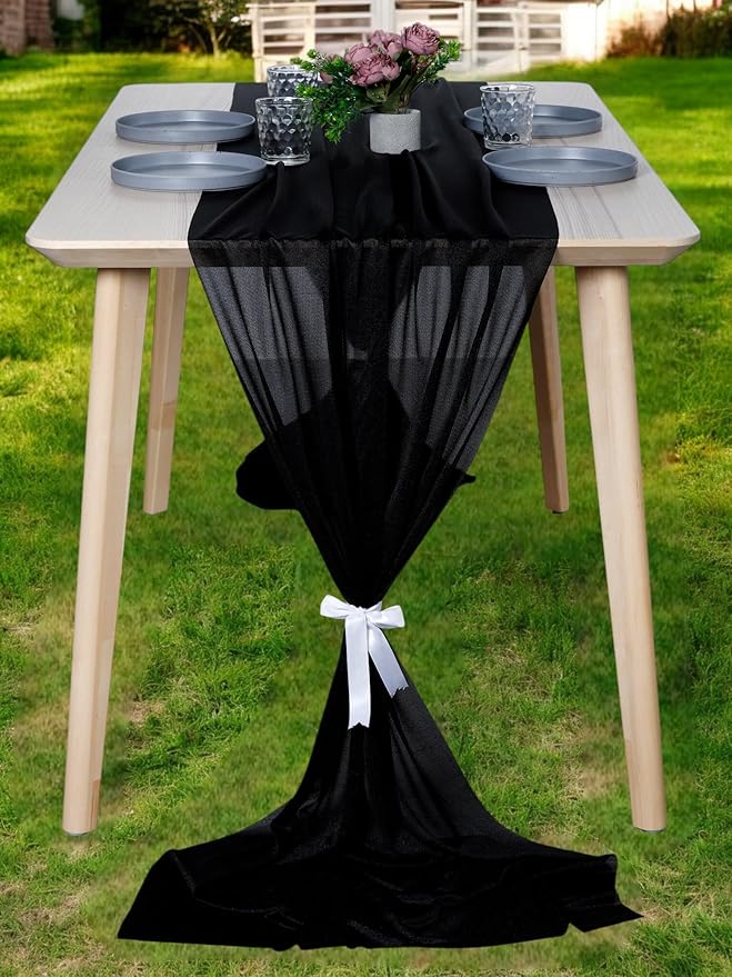 MDS Halloween Chiffon Table Runner - 20 Pack, 29 x 170 Inches, 14ft Each - Sheer Spooky Table Runners for Haunted House Parties, Trick-or-Treat Tables, Witchy Décor, Wedding & Events - Black