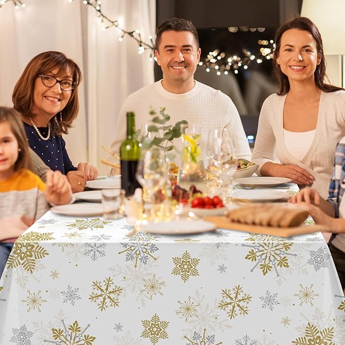 12Pcs Christmas Snowflake Party Tablecloths Decorations,Plastic White and Gold Table Cloth,Winter Rectangle Table Cover for Christmas New Year Birthday Baby Shower Holiday Party Decorations,54x108inch