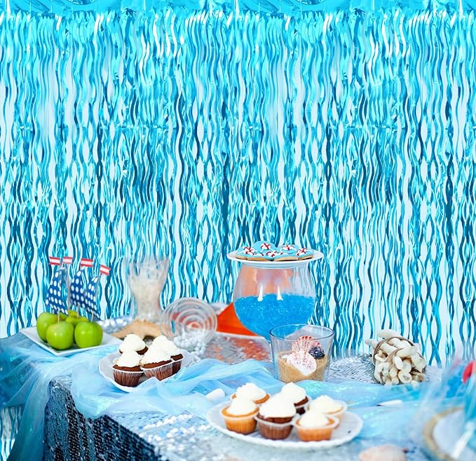 GOER 6.4 ft x 6.5 ft Metallic Tinsel Foil Fringe Curtains,Pack of 2 Party Streamer Backdrop for Birthday,Graduation Decorations and New Year Eve (Wavy Light Blue)
