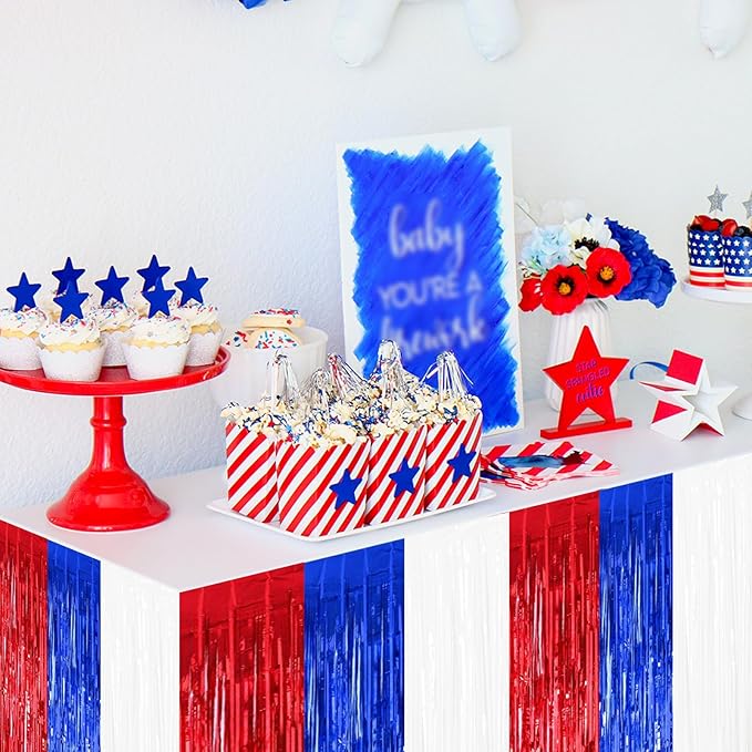 BEISHIDA 2 Pack Metallic Tinsel Foil Fringe Table Skirts for Rectangle & Round Tables Red, Blue, White Kids' Birthday, Holiday Cartoon Party Decorations Birthday, July 4th, Baby Shower, Festive Events
