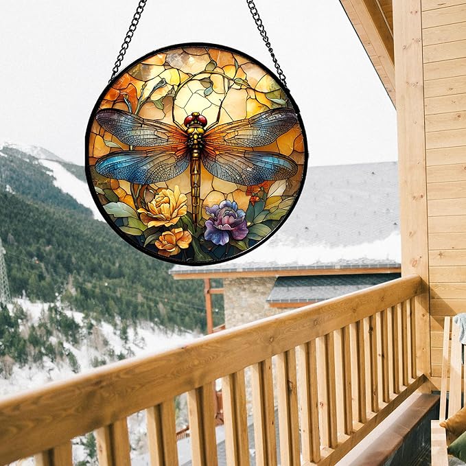 Stained Glass Window Hanging - Orange Blue Dragonfly Flower Suncatcher for Doors Window Home Sun Catchers Decor Christmas Mother's Day Birthday Outdoor Gifts for Women Men Mom Nana 9.8 in