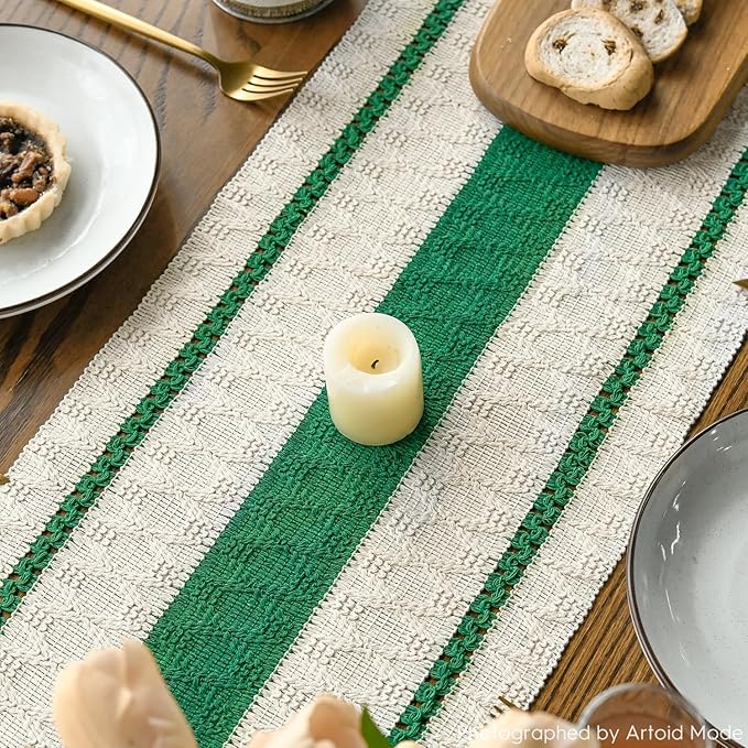 Artoid Mode Dark Green Farmhouse Woven Rustic Table Runner, Seasonal Holiday Hollow Kitchen Dining Table Decoration for Home Party Decor 12x90 Inch