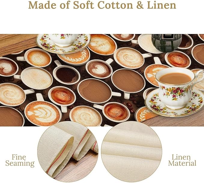 Coffee Theme Table Runner, Farmhouse Coffee Cup Latte Cappuccino Tea Party Rustic Cafe Table Center Decor for Home Kitchen Dining Patio Holiday Party Indoor Outdoor Table Decorations,13"x72" Inch