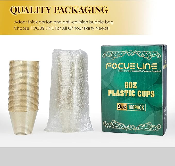 Disposable Party Cups, 9 oz Gold Glitter, 100 Pack