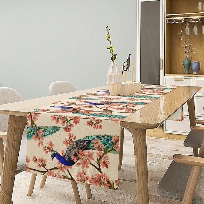 Peacock Table Runner,Spring Floral Peacock Birds Table Runner for Home Kitchen Dining Party Indoor Outdoor Decoration 13x108 Inch