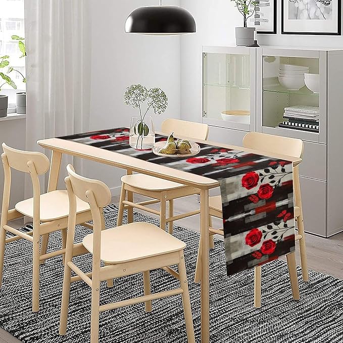 Abstract Art Rose Table Runner, Red Roses Floral Butterfly Black Red Grey Ink Background Pattern Kitchen Dinning Table Runner for Indoor Outdoor Home Wedding Party Holiday, 13x36 Inch