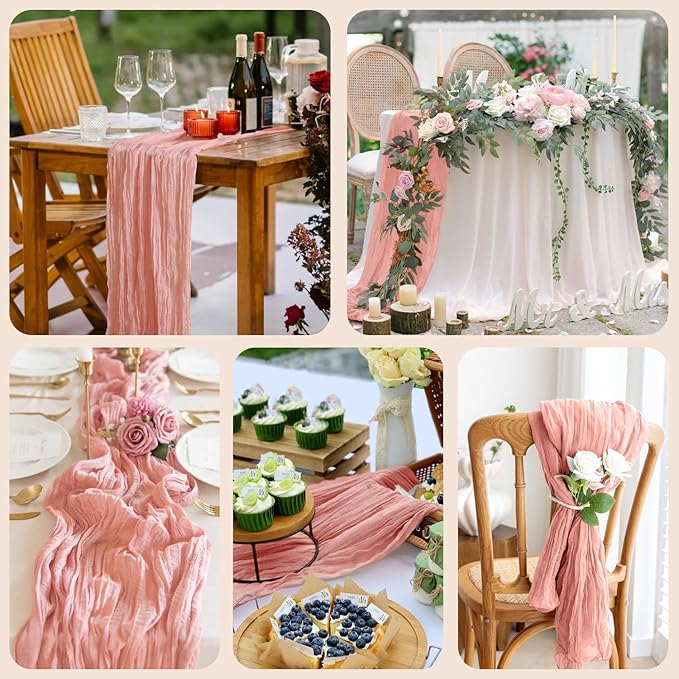 Asee'm 3pcs Cheesecloth Table Runner 120 Inches Dark Rose Boho Gauze Cheese Cloth Runner 10FT Rustic Sheer Table Runners for Summer Wedding Baby Shower Holiday Party Decoration
