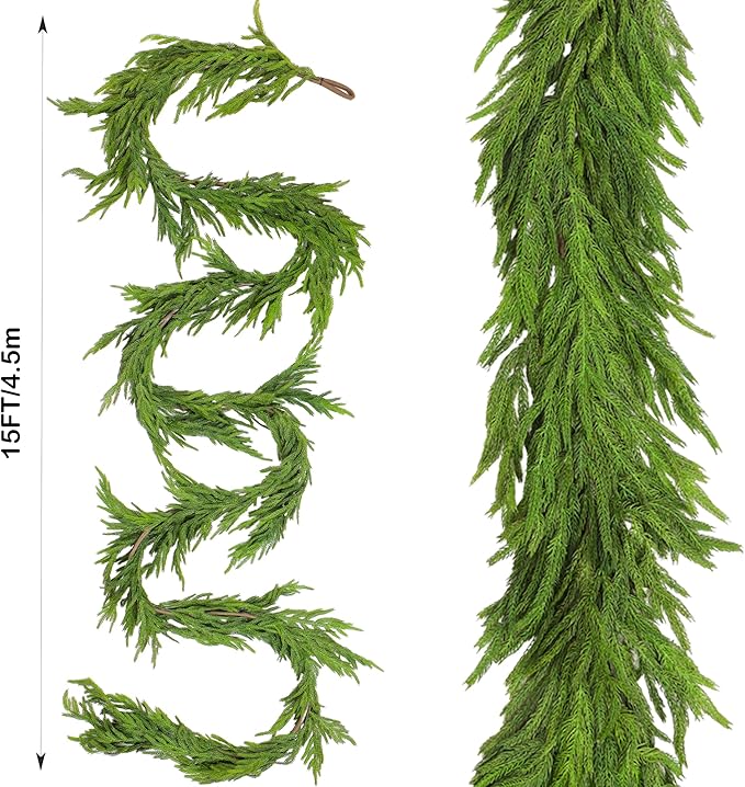 Garland 15 Ft Dark Green Norfolk Pine PE, Realistic Needle Holiday Greenery