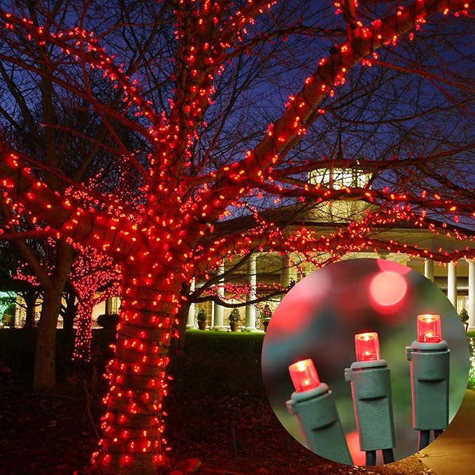 String Lights 64.8 ft Red LED Outdoor, 300 Bulbs, Green Wire