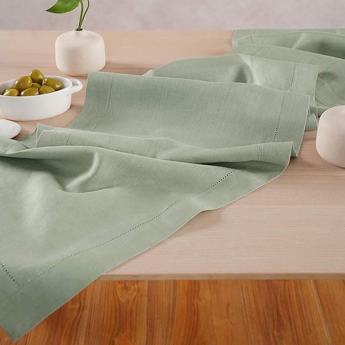 Hemstitch Linen Table Runner 36 inches – 100% Pure Linen Sage Green Table Runner 14 x 36 Inch Ideal for Dresser and Coffee Tables – Spring, Summer, Wedding Decorations, Gift – Elara