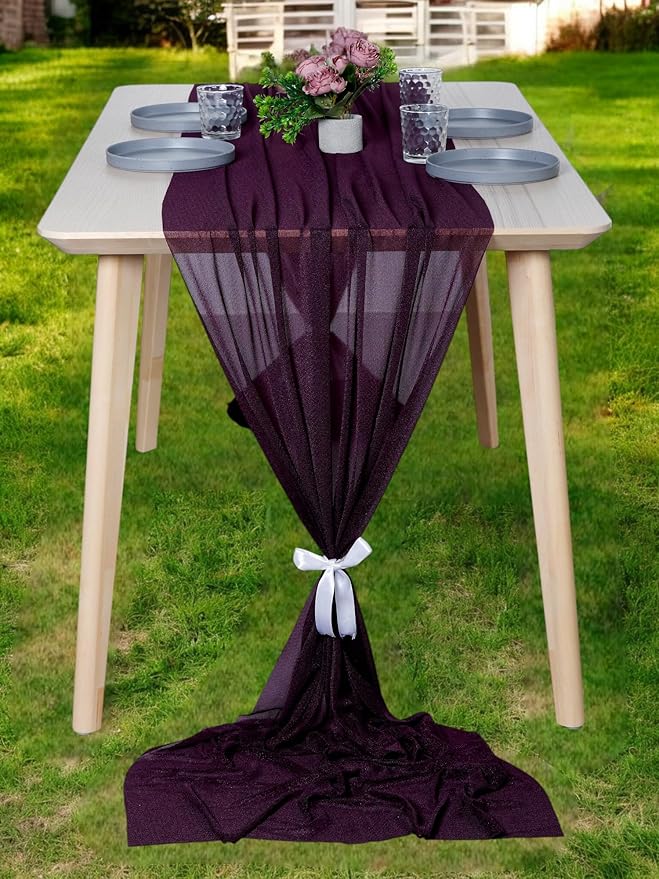 MDS Halloween Chiffon Table Runner - 10 Pack, 29 x 170 Inches, 14ft Each - Sheer Spooky Table Runners for Haunted House Parties, Trick-or-Treat Tables, Witchy Décor, Wedding & Events - Eggplant