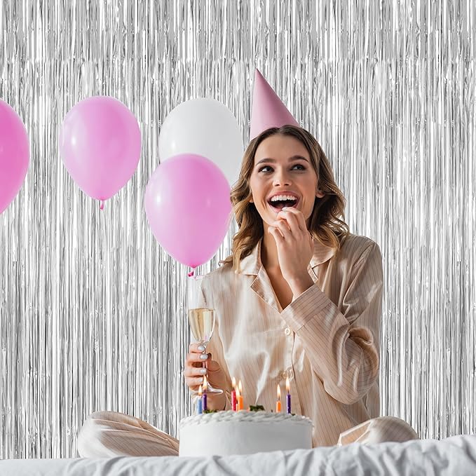 2 Pack Tinsel Backdrop, 3.28 FT x 7.05 FT Birthday Party Decorations, Silver Party Streamer Fringe Curtains Foil Backdrop, Metallic Silver Photo Props Party Supplies Party Decor