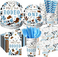 452 Pcs First Rodeo Decorations Boy, Blue Western Cowboy Paper Plates Napkins Cups Tablecloth Cutlery Straws for My 1st Rodeo Birthday Party Baby Shower Decorations Supplies for 50 Guests