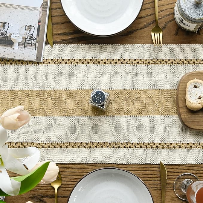 Artoid Mode Burlap Brown Farmhouse Woven Rustic Table Runner, Seasonal Holiday Hollow Kitchen Dining Table Decoration for Home Party Decor 12x120 Inch