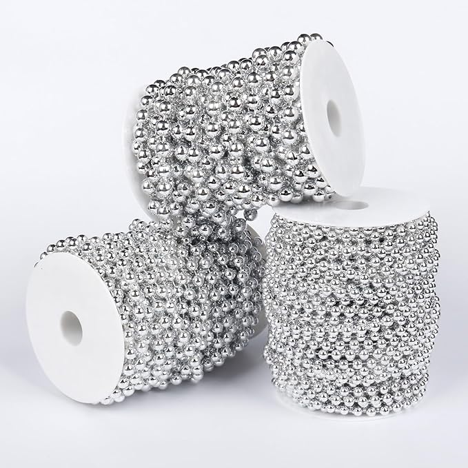 [66 Feet] Silver Pearl Beads Garland, 8MM 22 Yards Silver Faux Pearl Beads String Roll Bulk for DIY Craft Christmas Tree Wedding Party Decoration