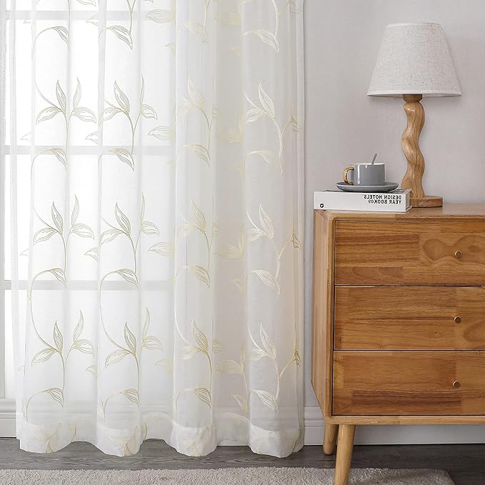 VISIONTEX Sheer Curtains 95 inch Length 2 Panels Set, White Voile Crushed Cream Vine Leaves Embroidery, Rod Pocket Embroidered Window Drapes for Living Room and Bedroom, 54" x 95"