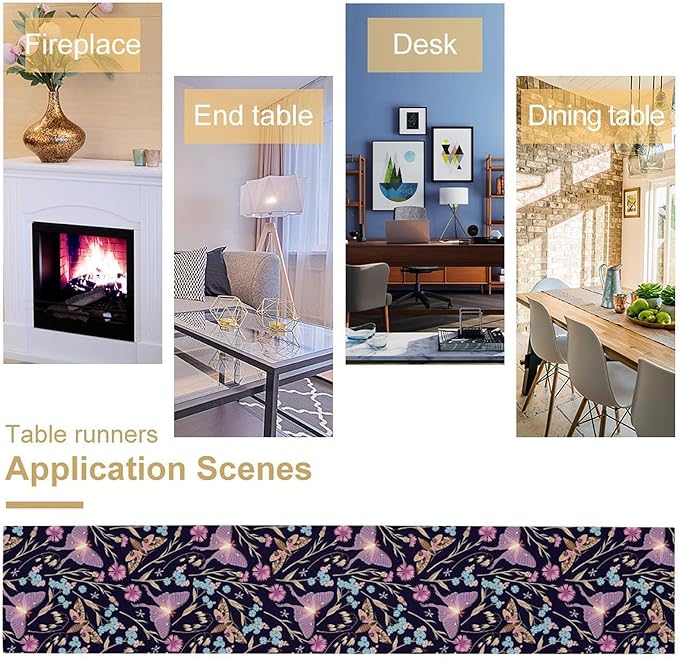 Moth Table Runner, Boho Aesthetic Moth Magic Table Runner for Home Kitchen Dining Party Indoor Outdoor Decoration 13x108 Inch
