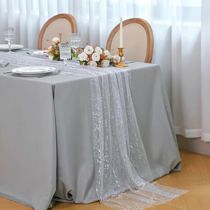 Snowkingdom 10 FT White Silver Cheesecloth Table Runner, Sequin Metallic Foil Sheer Chiffon Gauze, Glitter Silver Party Table Decoration Centerpieces for Wedding Birthday Bridal Baby Shower Christmas