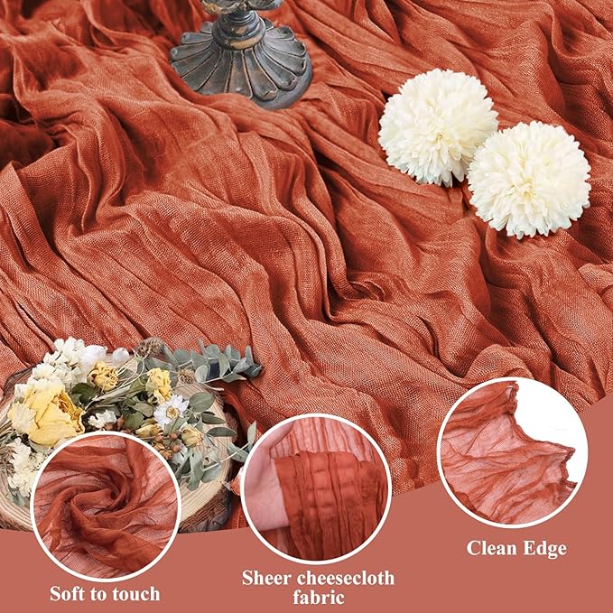 Asee'm 4pcs Cheesecloth Table Runner 120 Inches Long Terracotta Boho Gauze Cheese Cloth Runner 10FT Rustic Sheer Fall Table Runners for Thanksgiving Christmas Wedding Party Baby Shower Decoration