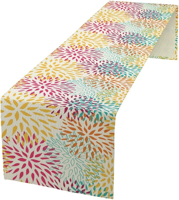 Abstract Flowers Table Runner, Chrysanthemum Dahlia Vintage Modern Colorful Spring Summer Elegant Table Runner for Party Kitchen Dining Living Room Laundry Room Decor, 13x36 Inch