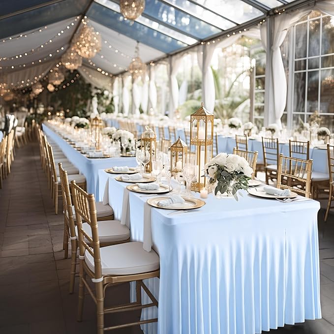 Wish Care 2 Pack Baby Blue Spandex Table Clothes for 8 Foot Rectangle Tables, 8FT Wrinkle Free Fitted Tablecloths Ruffles Design Table Cover for Party, Banquet, Wedding and Events
